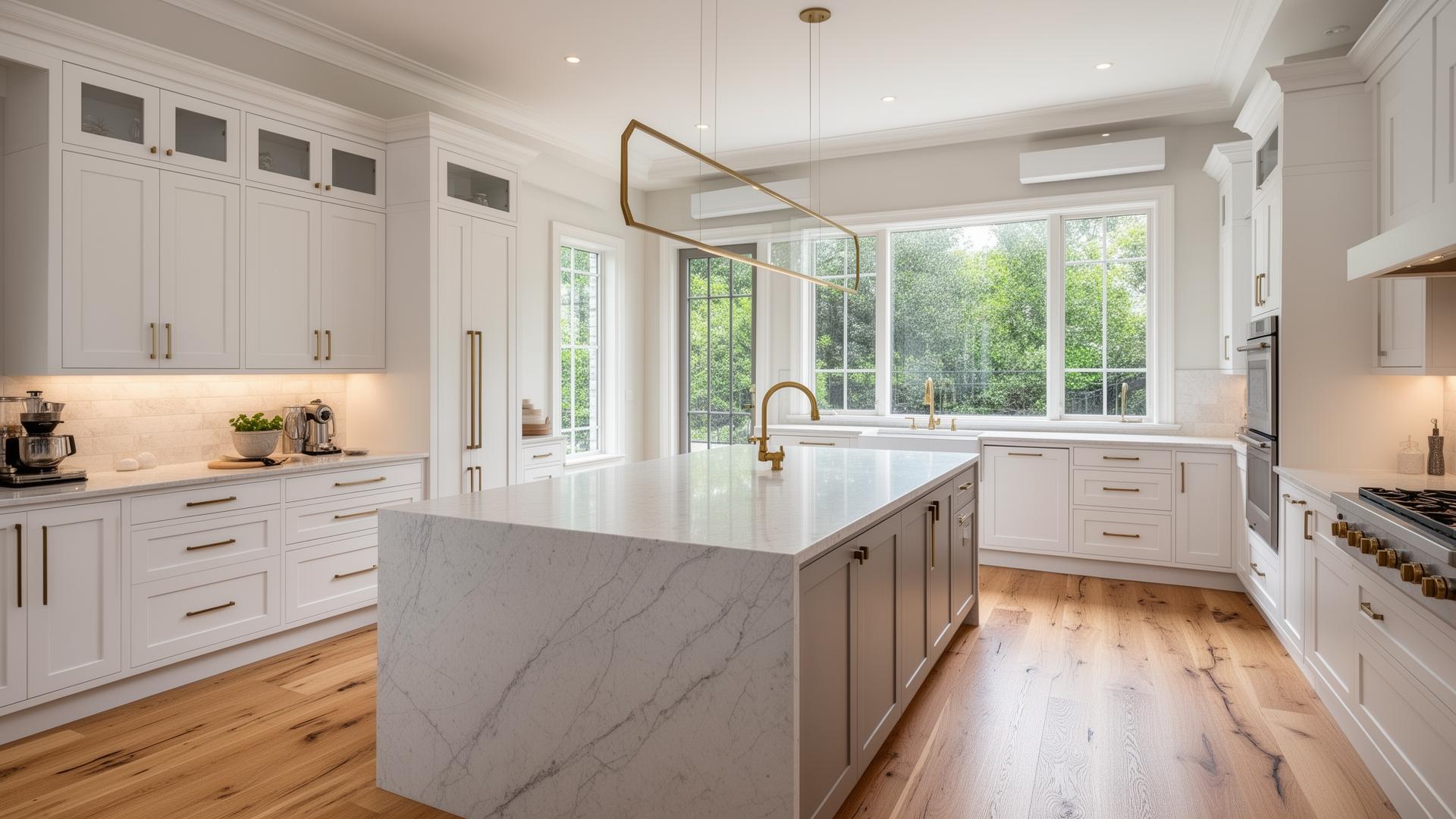Modern renovated kitchen with marble island